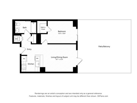 Floor plan for 1 bed, 1 bath, 625 sqft